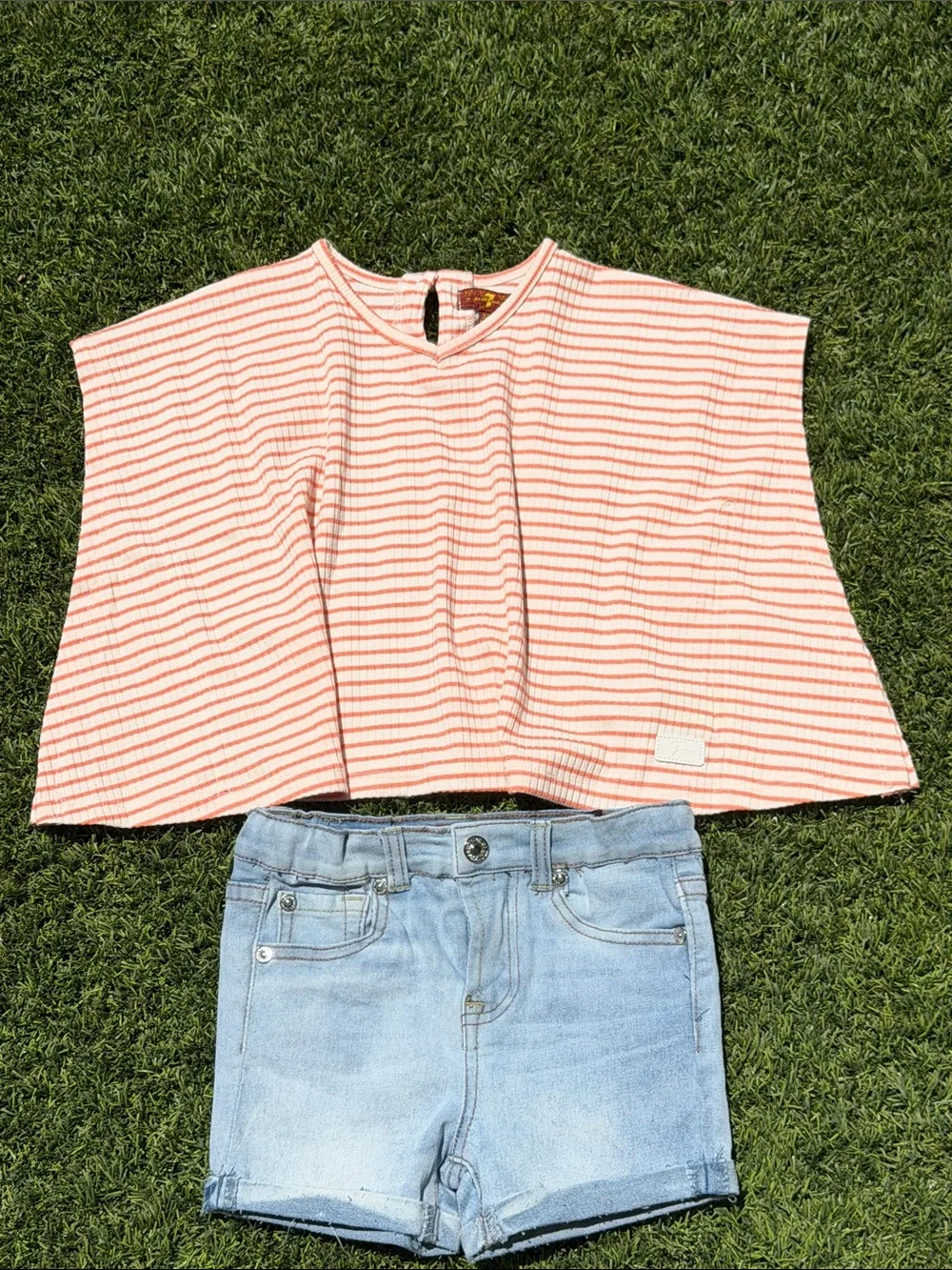 7 For All Mankind Coral and White Striped Crop Top with Faded Blue Jean Short